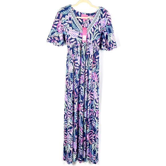 Lilly Pulitzer Manuela Maxi Dress Oyster Bay Navy Pink Spotted V-Neck Sz XS‎ - Picture 5 of 12